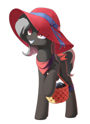 Size: 1300x1800 | Tagged: safe, artist:freeedon, oc, oc only, oc:dusty fang, bat pony, pony, basket, bat pony oc, cute, female, folded wings, hat, hoof hold, mare, neckerchief, raised hoof, simple background, smiling, solo, transparent background