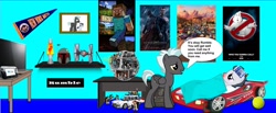 Size: 1742x718 | Tagged: safe, artist:jawsandgumballfan24, rumble, thunderlane, pegasus, pony, pony creator, batman v superman: dawn of justice, bed, blanket, brotherly love, brothers, flatscreen, ghostbusters 2016, ice pack, lava lamp, lego, minecraft, poster, shelf, sick, softball, star wars, tie fighter, wii u, wii u touchpad