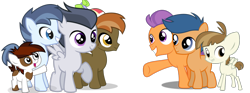 Size: 2005x744 | Tagged: safe, artist:jawsandgumballfan24, button mash, featherweight, first base, pipsqueak, rumble, shady daze, tender taps, pony, colt, male, simple background, transparent background