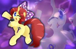 Size: 1600x1035 | Tagged: safe, artist:aleximusprime, derpibooru import, oc, oc only, oc:eilemonty, pony, unicorn, birthday gift, bow, cute, drop shadow, eilemonty, flank, freckles, lineless, lineless art, looking at you, looking back, microphone, musician, one eye closed, plot, ponysona, singer, solo, wink, zoom layer