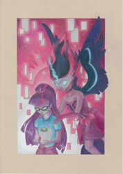 Size: 1236x1747 | Tagged: safe, artist:pa-kalsha, midnight sparkle, sci-twi, twilight sparkle, equestria girls, legend of everfree, duality, traditional art