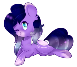 Size: 1024x893 | Tagged: safe, artist:twily-star, oc, oc only, oc:puffymoon, pony, female, mare, one eye closed, prone, simple background, solo, transparent background, watermark, wink