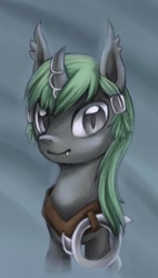 Size: 800x1408 | Tagged: safe, artist:ailish, derpibooru import, oc, oc:eclipse shade, bat pony, hybrid, unicorn, bat pony unicorn, bust, cat eyes, chakram, curved horn, fangs, green mane, horn jewelry, jewelry, male, portrait, silver eyes, slit eyes, weapon