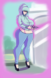 Size: 831x1263 | Tagged: safe, artist:annon, derpibooru import, sci-twi, twilight sparkle, human, belly button, bimbo, bimbo sci-twi, bimbo sparkle, clothes, female, glasses, high heels, hoodie, humanized, long nails, midriff, shoes, solo, tight clothing