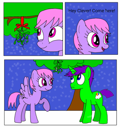 Size: 1200x1279 | Tagged: safe, artist:toyminator900, oc, oc only, oc:clever clop, oc:melody notes, pegasus, pony, unicorn, comic, mistletoe, tree