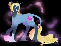 Size: 2000x1500 | Tagged: safe, artist:curiouskeys, derpibooru import, oc, oc only, oc:masquerade, pony, unicorn, cloven hooves, commission, crystal ball, flat colors, male, next generation, offspring, parent:prince blueblood, parent:trixie, parents:bluetrix, solo, stallion, unshorn fetlocks