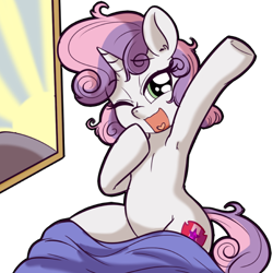 Size: 512x512 | Tagged: safe, artist:anibaruthecat, derpibooru import, sweetie belle, pony, unicorn, armpits, blanket, cute, cutie mark, diasweetes, explicit source, female, filly, hoovpits, one eye closed, open mouth, simple background, solo, the cmc's cutie marks, transparent background