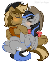 Size: 972x1258 | Tagged: safe, artist:shamrockpony, oc, oc only, oc:dusty tumbleweed, oc:raine storm, pegasus, pony, bandana, blushing, clothes, cowboy hat, eyes closed, fangs, female, half changeling, hat, jewelry, kissing, male, mare, necklace, stallion, stetson, straight, vest