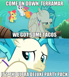 Size: 1920x2160 | Tagged: safe, derpibooru import, edit, edited screencap, screencap, apple bloom, scootaloo, sweetie belle, terramar, classical hippogriff, earth pony, hippogriff, pegasus, pony, unicorn, surf and/or turf, comic, depressed, food, image macro, meme, screencap comic, taco