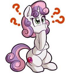 Size: 512x512 | Tagged: safe, artist:anibaruthecat, derpibooru import, sweetie belle, pony, unicorn, cute, cutie mark, diasweetes, explicit source, female, filly, question mark, simple background, solo, the cmc's cutie marks, thinking, transparent background