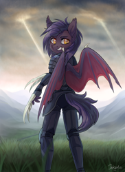 Size: 1400x1919 | Tagged: source needed, safe, artist:jekeita, derpibooru import, oc, oc only, oc:dawn sentry, anthro, bat pony, armor, bat pony oc, bat wings, claws, cloud, digital art, female, grass, grin, looking at you, looking back, looking back at you, mare, metal claws, sky, smiling, weapon, wings