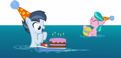 Size: 16144x7734 | Tagged: safe, artist:cyanlightning, aquamarine, shady daze, the one where pinkie pie knows, .svg available, absurd resolution, cake, cute, food, hat, party hat, ship, simple background, transparent background, vector, water