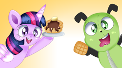 Size: 2432x1363 | Tagged: safe, artist:doraeartdreams-aspy, derpibooru import, twilight sparkle, twilight sparkle (alicorn), alicorn, crossover, food, gir, invader zim, pancakes, redraw, syrup, waffle