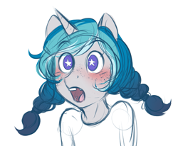 Size: 1035x853 | Tagged: safe, artist:askbubblelee, oc, oc only, oc:bubble lee, anthro, unicorn, anthro oc, blushing, clothes, female, filly, freckles, open mouth, pigtails, simple background, solo, starry eyes, wingding eyes, younger