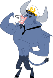 Size: 6400x9392 | Tagged: safe, artist:parclytaxel, derpibooru import, iron will, minotaur, once upon a zeppelin, .svg available, absurd resolution, captain hat, eyes closed, flexing, male, nose piercing, nose ring, piercing, pointing, pointing at self, simple background, solo, transparent background, vector