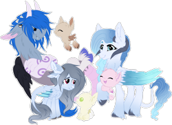 Size: 2068x1497 | Tagged: safe, artist:sweethearttarot, derpibooru import, oc, oc only, oc:azure, oc:cosmic hijinx, oc:malteasers, oc:pistachio, oc:shortcake, oc:snowstorm, draconequus, dracony, hybrid, pegasus, pony, baby, draconequus oc, family, horns, simple background, size difference, transparent background, triplets