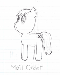 Size: 534x669 | Tagged: safe, artist:nightshadowmlp, derpibooru import, oc, oc only, oc:mail order, earth pony, pony, grayscale, lined paper, male, monochrome, offspring, parent:derpy hooves, parent:doctor whooves, parents:doctorderpy, solo, stallion, traditional art