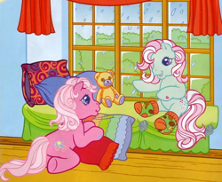 Size: 704x576 | Tagged: safe, derpibooru import, minty, pinkie pie (g3), pony, g3, clothes, horses doing human things, pillow, socks