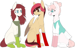 Size: 1140x728 | Tagged: safe, artist:icey-wicey-1517, artist:sychia, color edit, derpibooru import, edit, oc, oc only, oc:cozy hearts, oc:rolla derbi, oc:sugarpop (ice1517), earth pony, pegasus, pony, unicorn, collaboration, chest fluff, clothes, colored, cute, female, hair over one eye, mare, open mouth, pleated skirt, scarf, simple background, skirt, socks, transparent background, trio, two toned wings, uniform