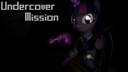 Size: 1920x1080 | Tagged: safe, artist:wiizzie, twilight sparkle, twilight sparkle (alicorn), alicorn, pony, 3d, clothes, darkness, female, glowing horn, gun, handgun, hooves, horn, levitation, magic, mare, necktie, pistol, solo, suppressor, telekinesis, text, vest, watch, weapon, wings, wristwatch