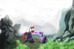 Size: 1500x1000 | Tagged: safe, artist:talonsofwater, twilight sparkle, twilight sparkle (alicorn), oc, oc:fausticorn, alicorn, pony, duo, folded wings, glowing horn, lightsaber, magic, parody, scene interpretation, spoilers for another series, spread wings, star wars, star wars: the force awakens, telekinesis, weapon