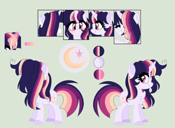 Size: 942x690 | Tagged: safe, artist:moon-rose-rosie, derpibooru import, oc, oc:celestial moon, pony, unicorn, female, magical lesbian spawn, mare, offspring, parent:rainbow dash, parent:twilight sparkle, parents:twidash, reference sheet, solo