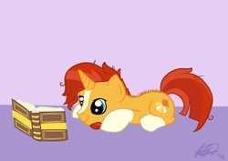 Size: 1024x724 | Tagged: safe, artist:puppermints, sunburst, book, cute, happy, missing accessory, prone, reading, smiling, solo, studying, sunbetes, watermark