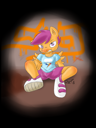 Size: 1024x1365 | Tagged: safe, artist:roxenmaratoun, derpibooru import, scootaloo, anthro, clothes, shirt, shorts, solo, watermark