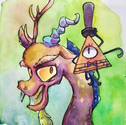 Size: 2791x2776 | Tagged: safe, artist:awk44, discord, draconequus, abstract background, bill cipher, bust, crossover, duo, gravity falls, grin, hat, looking at you, male, portrait, smiling, top hat, traditional art