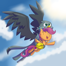 Size: 2743x2743 | Tagged: safe, artist:supercoco142, gabby, scootaloo, griffon, pony, eyes closed, flying, gabbyloo, happy, holding a pony, scootalove, sky