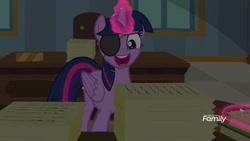 Size: 1920x1080 | Tagged: safe, derpibooru import, screencap, twilight sparkle, twilight sparkle (alicorn), alicorn, pony, friendship university, eyepatch, eyepatch (disguise), magic, solo