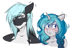 Size: 1299x849 | Tagged: safe, artist:askbubblelee, oc, oc only, oc:bubble lee, oc:mako, anthro, earth pony, hybrid, orca pony, original species, unicorn, anthro oc, blushing, ear piercing, female, freckles, looking away, makolee, male, mare, oc x oc, piercing, shipping, simple background, stallion, straight