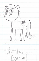 Size: 466x729 | Tagged: safe, artist:nightshadowmlp, derpibooru import, oc, oc only, oc:butter barrel, grayscale, lined paper, magical lesbian spawn, monochrome, offspring, parent:applejack, parent:fluttershy, parents:appleshy, solo, traditional art