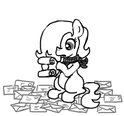 Size: 640x600 | Tagged: safe, artist:ficficponyfic, oc, oc only, oc:emerald jewel, earth pony, pony, bandana, child, colt, colt quest, concerned, femboy, foal, hair over one eye, letter, mail, male, monochrome, reading, scroll, solo, story included