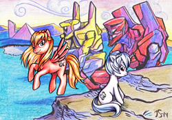 Size: 3325x2321 | Tagged: safe, artist:tohmo, pony, eva-00, eva-02, mech, mecha, neon genesis evangelion, ponified, rei ayanami, souryuu asuka langley, traditional art