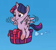 Size: 181x160 | Tagged: safe, artist:jay fosgitt, idw, twilight sparkle, twilight sparkle (alicorn), alicorn, pony, spoiler:comic, spoiler:comic50, box, flying, for the pony who has everything, picture for breezies, present, solo