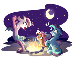 Size: 4500x3600 | Tagged: source needed, safe, artist:jadedjynx, oc, oc only, oc:bowtie, oc:mirage, oc:tiebreaker, draconequus, earth pony, pegasus, pony, absurd resolution, beach, campfire, crescent moon, moon, night, ponycon, scared