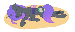 Size: 3086x1306 | Tagged: safe, artist:settop, derpibooru import, oc, oc:viciz, changeling, changeling oc, purple changeling, sleeping, solo