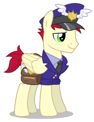 Size: 3816x4929 | Tagged: safe, artist:dragonchaser123, derpibooru import, care package, special delivery, pegasus, pony, wonderbolts academy, absurd resolution, clothes, hat, male, necktie, postman's hat, saddle bag, simple background, solo, stallion, transparent background, uniform, vector