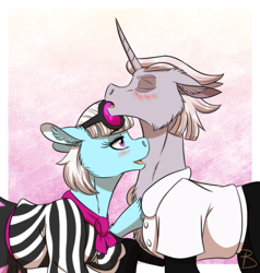 Size: 1024x1075 | Tagged: safe, artist:inuhoshi-to-darkpen, derpibooru import, photo finish, earth pony, pony, unicorn, abstract background, blushing, chest fluff, eyes closed, eyes open, fanart, female, gift art, glasses off, heartbeat, hoof on chest, male, mare, shipping, stallion, straight