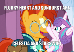 Size: 485x342 | Tagged: safe, princess flurry heart, sunburst, alicorn, pony, unicorn, beard, cape, clothes, duo, facial hair, female, filly, glasses, headcanon, here we go again, history repeats itself, image macro, male, stallion, student, theory, uncle sunburst