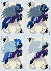 Size: 744x1038 | Tagged: safe, artist:bluekite-falls, artist:sky-railroad, descent, nightshade, oc, pegasus, pony, clothes, costume, ear fluff, female, game, male, mare, prance card game, shadowbolts, shadowbolts costume, spread wings, stallion, wing fluff, wings