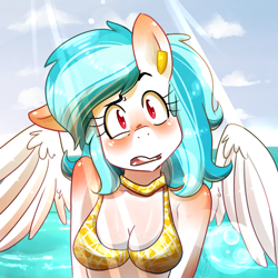 Size: 1000x1000 | Tagged: safe, artist:lucidlarceny, oc, oc only, oc:squeaky clean, anthro, bikini, bikini top, clothes, colored pupils, female, floppy ears, solo, sunburn, swimsuit, this will end in pain, wing fluff