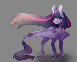 Size: 939x757 | Tagged: safe, artist:smolgrumpyscotswoman, derpibooru import, twilight sparkle, twilight sparkle (alicorn), alicorn, classical unicorn, pony, big ears, cloven hooves, curved horn, ethereal mane, female, gray background, leonine tail, long mane, looking at you, mare, raised hoof, simple background, smiling, solo, unshorn fetlocks