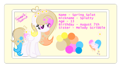 Size: 2453x1353 | Tagged: safe, artist:101xsplattyx101, derpibooru import, oc, oc:spring splat, pegasus, pony, female, mare, reference sheet, show accurate, solo