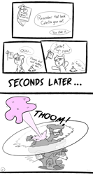 Size: 900x1686 | Tagged: safe, artist:dailevy, spike, twilight sparkle, twilight sparkle (alicorn), alicorn, dragon, pony, comic:day of the dog, comic, dialogue, explosion, golden oaks library, magic, monochrome