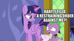 Size: 1280x720 | Tagged: safe, derpibooru import, editor:useraccount, spike, twilight sparkle, twilight sparkle (alicorn), alicorn, dragon, ppov, image macro, meme, restraining order