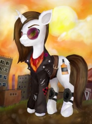 Size: 741x998 | Tagged: safe, artist:evescintilla, derpibooru import, oc, oc only, oc:white disaster, unicorn, clothes, jacket, leather jacket, male, microphone, punk, stallion, sunglasses