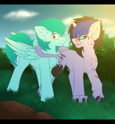 Size: 2000x2150 | Tagged: safe, artist:fkk, derpibooru import, oc, oc:anthonystone, hybrid, pegasus, pony, unicorn, dialogue, gift art, implied gay, male, stallion