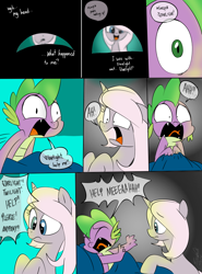 Size: 900x1214 | Tagged: safe, artist:emositecc, derpibooru import, spike, oc, oc:nebula, dragon, pony, unicorn, comic:empty halls, comic, dialogue, duo, female, implied starlight glimmer, male, mare, screaming, waking up